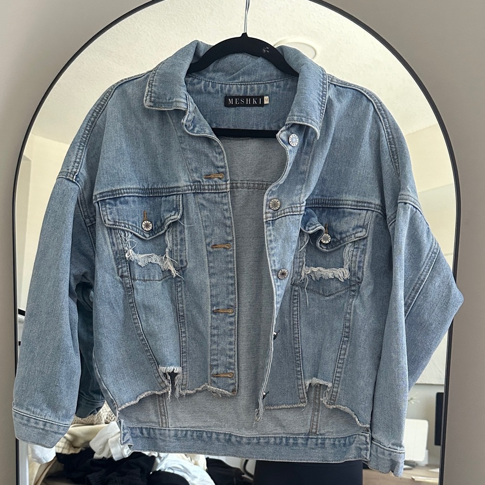 Meshki Cropped Light Blue Distressed Denim Jacket